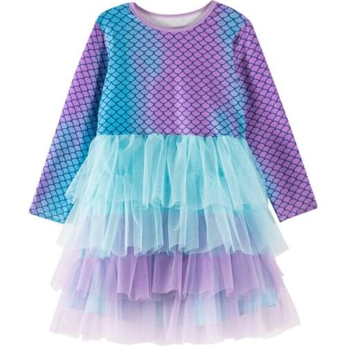 2020 Fashion Christmas Mermaid Print Princess Dress Mesh Girl Clothes Long Sleeve Wedding Dress For Girl Suit 1-6 Year Old