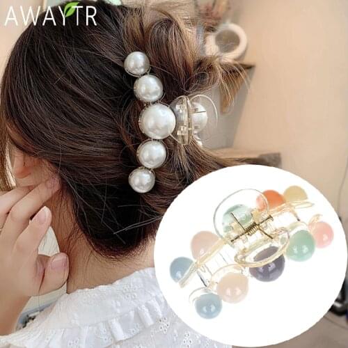 AWAYTR Big Pearls Hair Claws Clips For Women Acrylic Hairpins Crab Girls Barrettes Hairgrip Bow Ladies Ponytail Hair Accessories