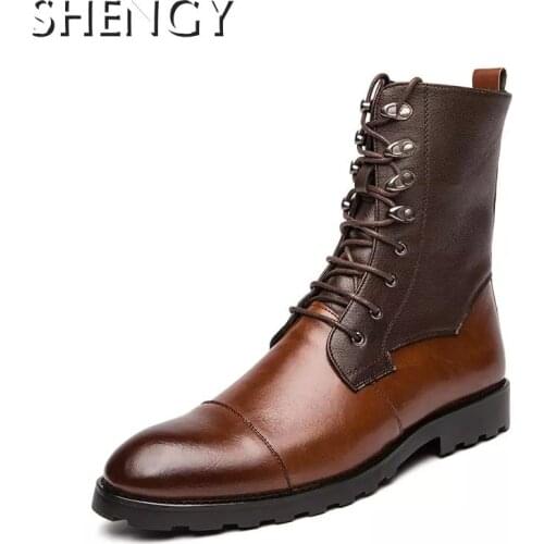 New Men Boots Genuine Leather Autumn Vintage Biker Boots High Top Lace Up Casual Shoes Male Ankle Motorcycle Boots Big Size