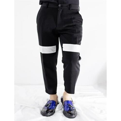 Spring and summer new mens fashion knee black and white stitching slim pencil pants fashion trend nine points pants