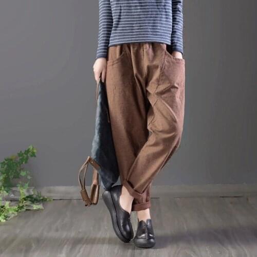 Spring Autumn Women Pants Plus Size Elastic Waist Solid Cotton Linen Harem Pants Loose All-matched Casual Trousers Femme D154