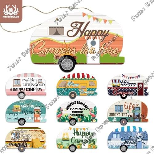 Putuo Decor Camping Sign Glamper Shaped Plaque Wood Hanging Sign Wooden Plate for Trip Glampers Camper Traveling Wall Decor Gift