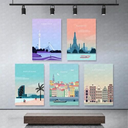 Canvas Wall Art HD Purple View Cartoon City Prints Poster Home Decoration Cute Gift Painting For Bedroom Modular Pictures Frame
