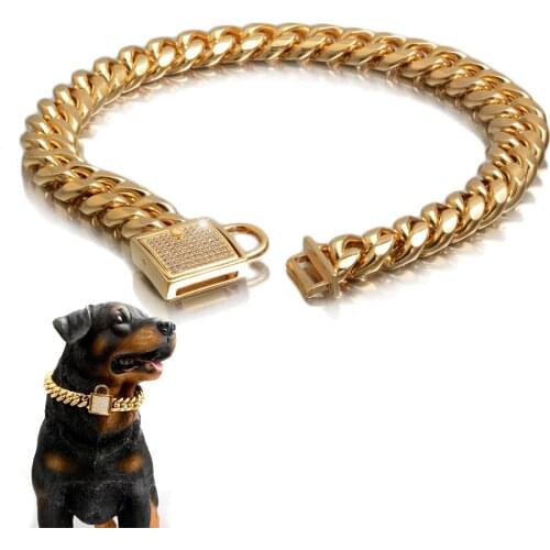 Heavy Duty Choke Cuban Chain,12-30inch,Gold Dog Collar,14mm Wide, Rhinestone Lock Stainless Steel Pet Accessories Wholesale