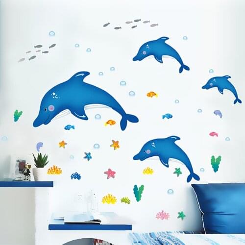 Cartoon Underwater Dolphin Fish Turtle Bubble Height Measure Wall Stickers For Kids Rooms Growth Chart Wall Decals Window Decor