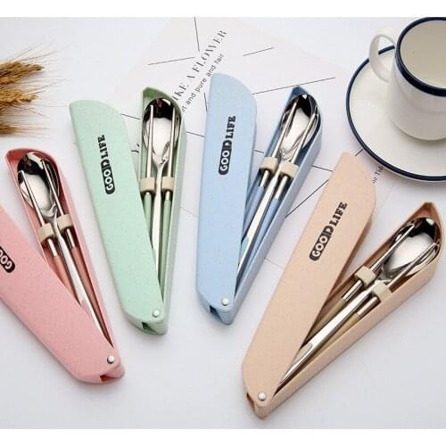 Environmentally Friendly Stainless Steel Cutlery Set Portable Stainless Steel Cutlery Wheat Straw Silicone Chopsticks Spoon