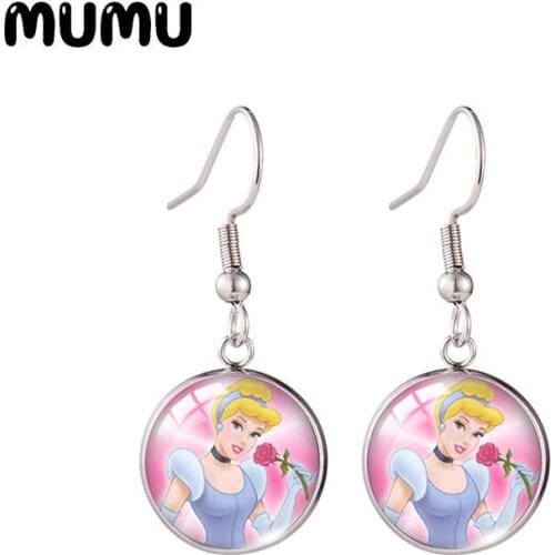2021 New Cinderella Fish Hook Earring Princess with Prince Round Jewelry Glass Dome Earrings Gifts Girl