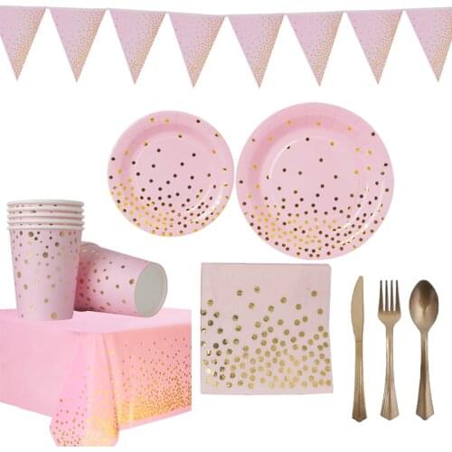 Gold Pink Disposable Tableware Paper Plate Cup Napkin Banner Baby Shower kids girl 1st Birthday Party Decoration Supplies