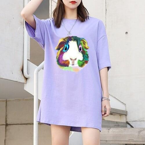 Guinea Pig Print Shirt Cotton Harajuku Oversize Kawaii Girls Streetwear 90s Aesthetic Women Long Shirts Vintage Short Sleeve Tee