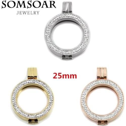 Somsoar 25MM Stainless Steel Double Crystal Elements Coin Holder Frame Pendant Fit 23MM Coin Disc 10pcs/lot