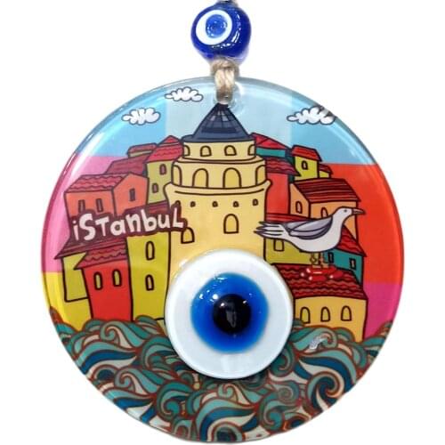 Istanbul Written Fusion Glass Evil Eye Bead Handmade Wall Decoration 12x12 Centimeter