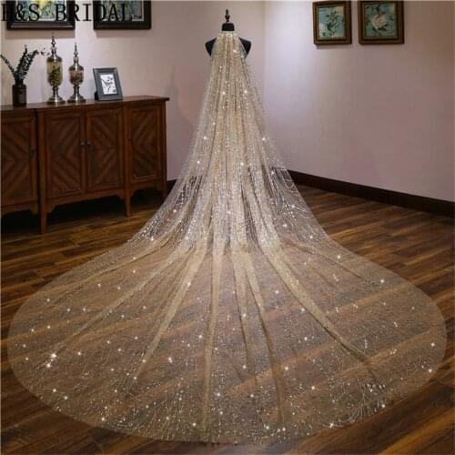 H&S BRIDAL Veils Luxury 3 Meters Champagne Beading Cathedral Wedding Veils Long Bridal Veil with Comb 2020 Wedding Accessories