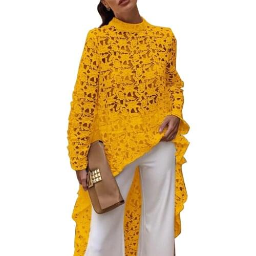 High Low Top Asymmetrical Tunic Women Lace Hollow Out Shirt Long Sleeve Irregular Top Stand Collar Female Loose Blouse AM0263