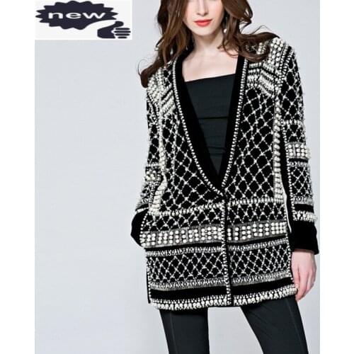 Latest Runway New Fashion Top Quality Womens Pearls Handmade Beads Novelty Long Sleeve Jacket Luxury Black Outerwear Coats