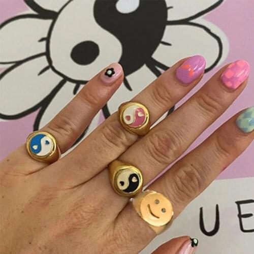 2021 Trend Gold Silver Color Metal Adjustable Rings Cute Smile Face Open Rings for Women Heart Tai Chi Rings New Jewelry Gifts