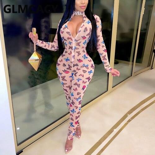 Women Butterfly Printed Long Sleeve Slim Jumpsuits