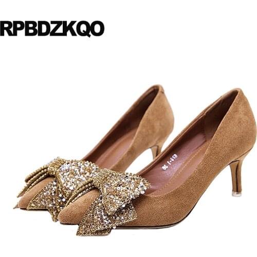Pumps slingback sparkling high heels pointed toe crystal shoes women 2019 thick diamond thin bow suede ladies rhinestone quality
