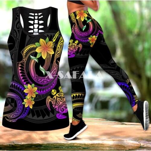 Polynesian Frangipani Flower Two Piece Yoga Set Women 3D Print Vest Hollow Out Tank Top High Waist Legging Summer Casual Sport-1