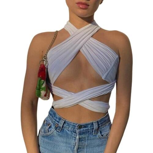 Women Summer Vest Solid Color Cross Tied Hanging-Neck Sleeveless Backless Crop Tops for Girls Purple/White/Apricot