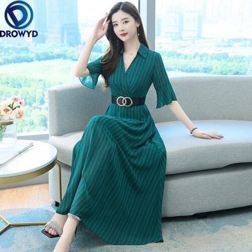 Summer Beach Boho Maxi Dress for Women Fashion V-neck Short Sleeve Chiffon Stripe Print Long Dress Green Party Vestido with Belt