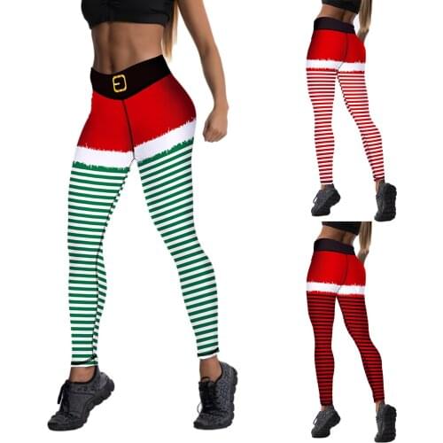 2020 Fashion Women Christmas Striped Pants Pure Cotton Adults Slim High Waist Ankle-length Leggings (Green/Red/Dark Red)