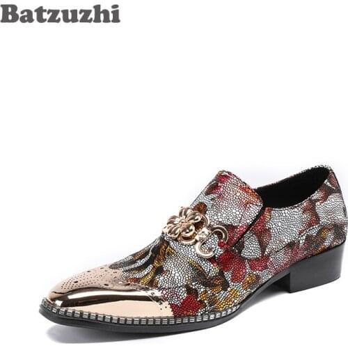 Batzuzhi Brand Itlian Style Men Shoes Rhinestones Men Dress Shoes Gold Metal Toe Leather Shoes Man Designer Party Shoes Wedding