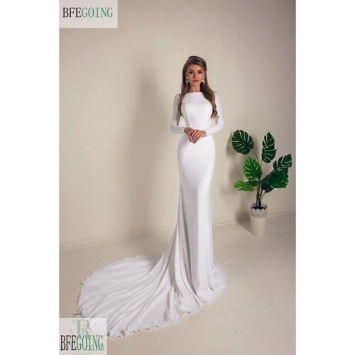 White Satin Chiffon Long Sleeves Floor-Length Sheath Wedding Dresses Chapel Train Custom Made Bridal Gowns