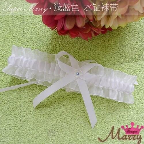 White Womens Sexy Lingerie Garter Lace Light blue Rhinestone Wedding bridal Leg Garter Marriage Ceremony Decor