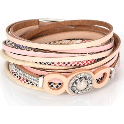 Miasol Rhinestones Crystal Double Wrap Leather Charm Bracelets With Circle Crystal Charm Girls Women Bracelet Jewelry Gifts