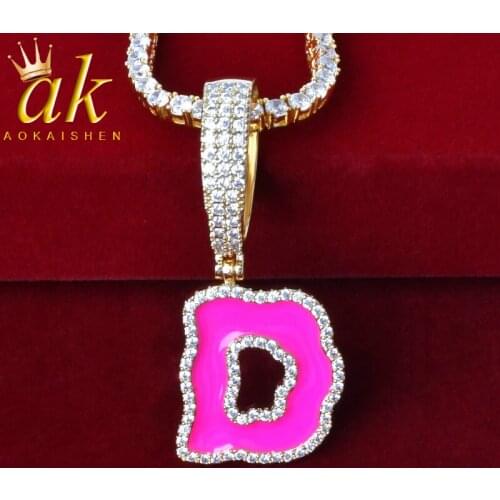 Initial Solid Back Pink Oil Bubble Letters Pendant Necklaces For Women Gold Color Cubic Zircon Hip Hop Jewelry