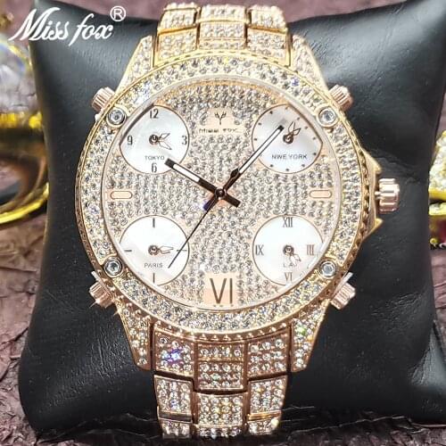 Hip Hop MISSFOX Rose Gold Mens Watches Multifunction 51MM Big Dial Iced Out Top Brand Luxury Business Waterproof Quartz Clocks