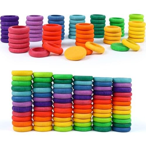 12 colors Kids Wooden Toys Beech Rainbow Coins and Rings Stackable 3D Puzzle Nature Loose Parts Creative Toy
