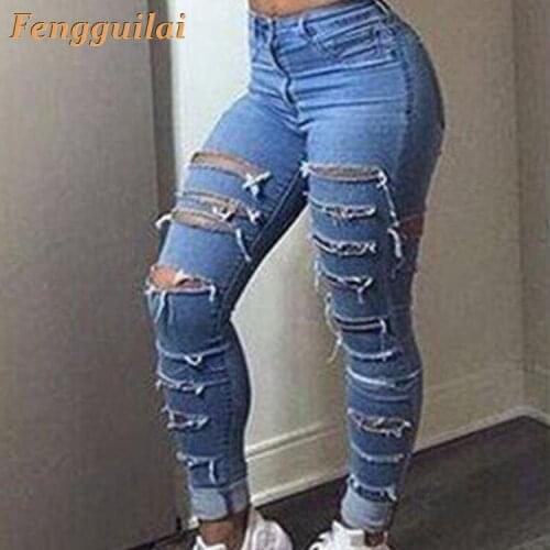 FENGGUILAI Autumn Spring Vintage Hole Jeans For Women Ripped Black Jeans Boyfriend Denim Pants High Street Destroyed Jeans