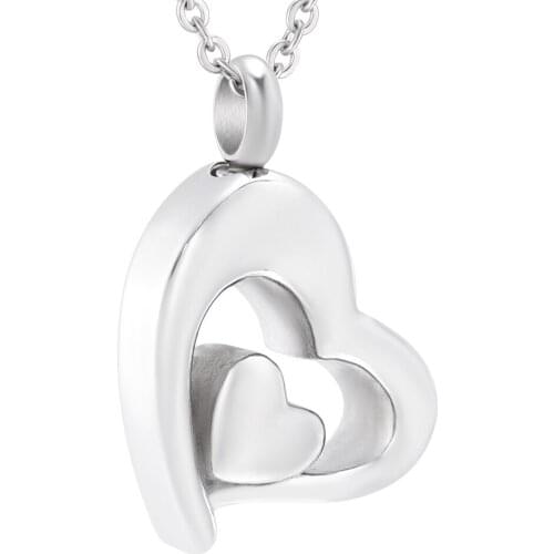 IJD9104 Silver Tone 316L Stainless Steel Double Heart Cremation Pendant Jewelry Ashes Holder Keepsake Necklace For Memorial Gift