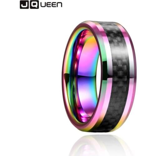 JQUEEN 8mm Colorful Inlaid Black Carbon Fiber Tungsten Carbide Ring Wedding Band Men Rings Engagement Jewelry