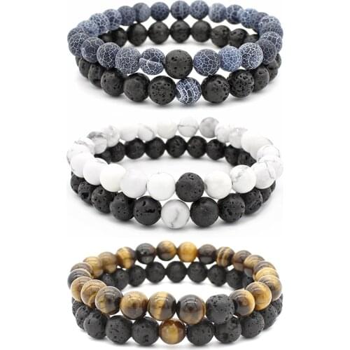 Set Bracelet Couples Distance Black White Natural Lava Stone Tiger Eye Beaded Yoga Bracelets for Men Women Elastic Rope Jewelry