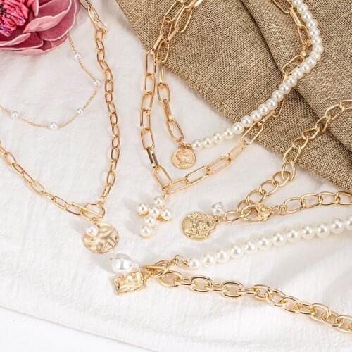 Fashion Multilayer Pearl Crocss Chokers Necklace For Women Vintage Bohemian Female Chain Metal Coin Necklaces 2021 Trend Jewelry