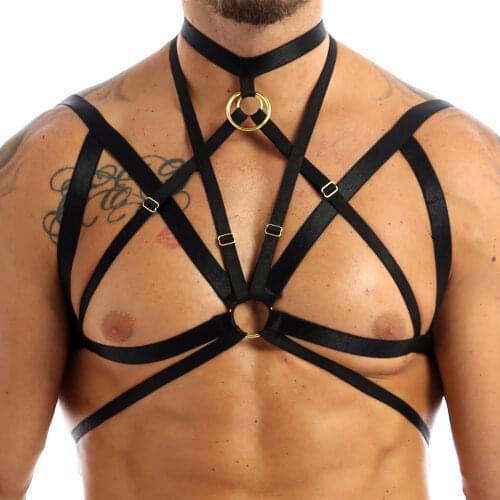 Sexy Mens Haler Elastic Body Chest Harness Belt Metal O-Ring Adjustable Shoulder Strap Club Bar Wear Stage Performance Costume