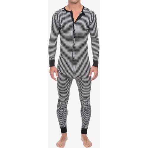 Mens Underwear Striped One-Piece Rompers Long Sleeve Button Bodysuits Comfortable Jumpsuits Men Undershirts Sleepwear Overalls