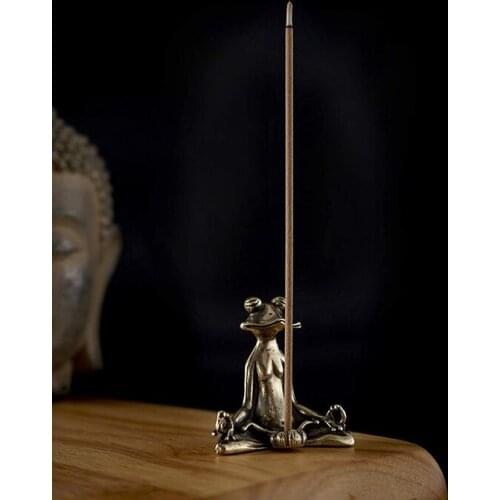 Newly Frog Copper Incense Stick Holder with Lotus Leaf Ash Catcher Handmade Incense Holder for Home Yoga Office Fragrance