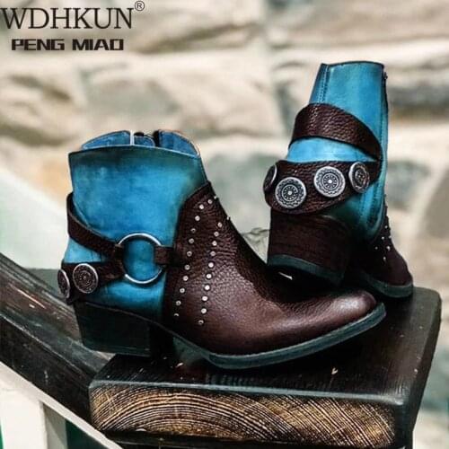 New Women Ankle Boots Ladies British PU Rivet Metal Buckle Woman Boots Female Chunky Heels Mixed Color Fashion Platform Shoes