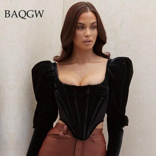 Autum Velour Corset Women Tops Elegant Square Collar Black Zip Velvet Blouses Shirts Vintage Puff Long Sleeve Shirt Party Tops