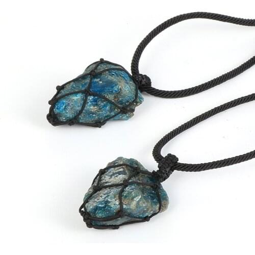 Natural Gem Stone Apatite Phosphorite Pendant Necklace Men Women Jewelry Handmade Braided Adjustable Cord Choker Clavicle Chain