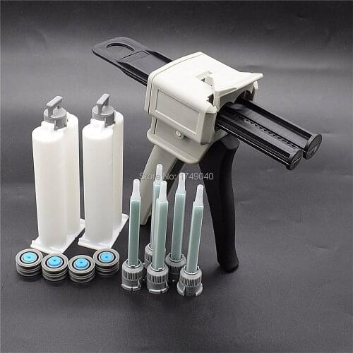 Manual Caulking Gun Glue Adhensive Dispenser 50ml AB Glue Gun with 2pcs 50ml 1:1 Empty Dual-Barrel Cartridge 5pc AB Mixed Tube