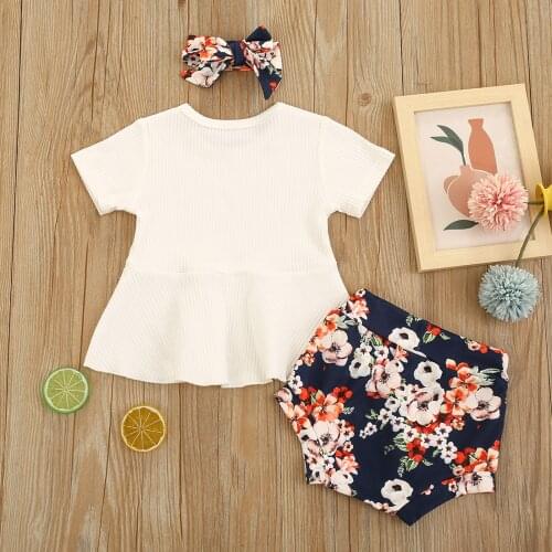 Newborn Baby Boys Girls Casual Suit Solid Ribbing Short Sleeve Ruffles Knitted T-shirt Flower Print Shorts Elastic Bow Headband
