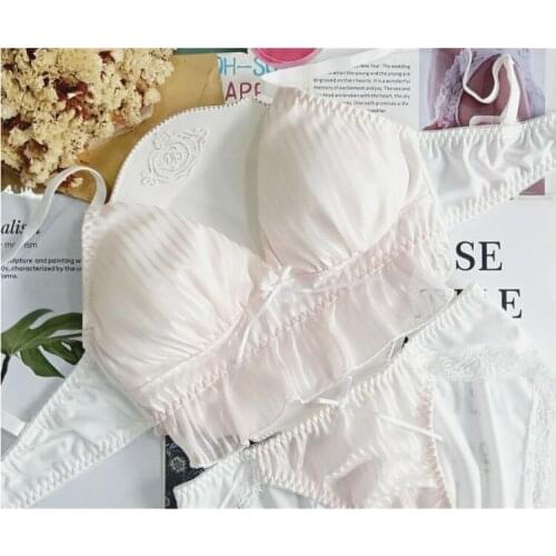 Silk Striped Cute Japanese Bra & Panties Set Wirefree Soft Underwear Sleep Intimates Set Kawaii Lolita 3Colors