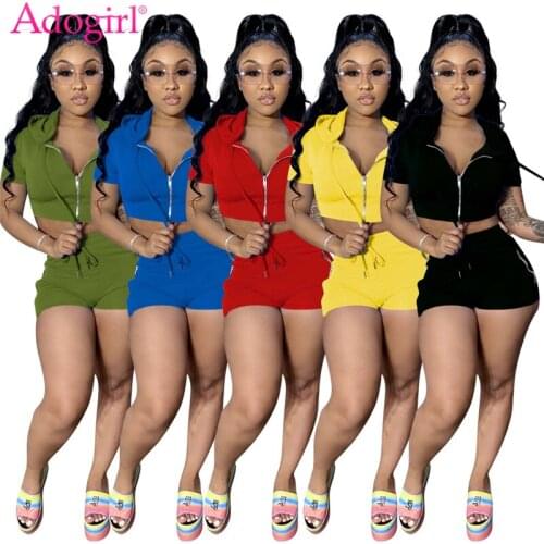 Adogirl Women Solid Two Piece Set Tracksuit Zipper Short Sleeve Hooded Sweatshirt Crop Top Pockets Shorts Home Suit Outfits