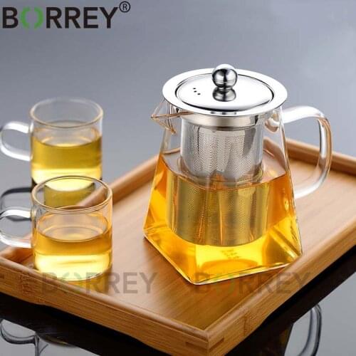 BORREY Glass Tea Infuser Borosilicate Glass Teapot With Removable Filter Clear Glass Flower Tea Pot Teacup Juice Jug Teaware Set