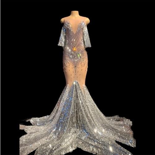 Sparkly Crystals Transparent Sequins Tail Dress Evening Party Long Rhinestones Dresses Birthday Celebrate Costume