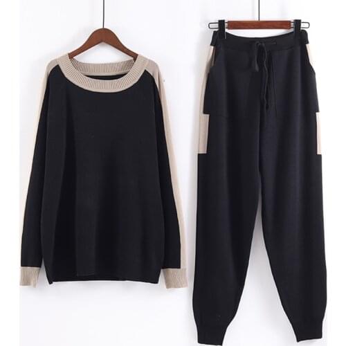 Large size women fashion loose knit suit 2020 new autumn winter round neck long-sleeved top + lace-up trousers two-piece female